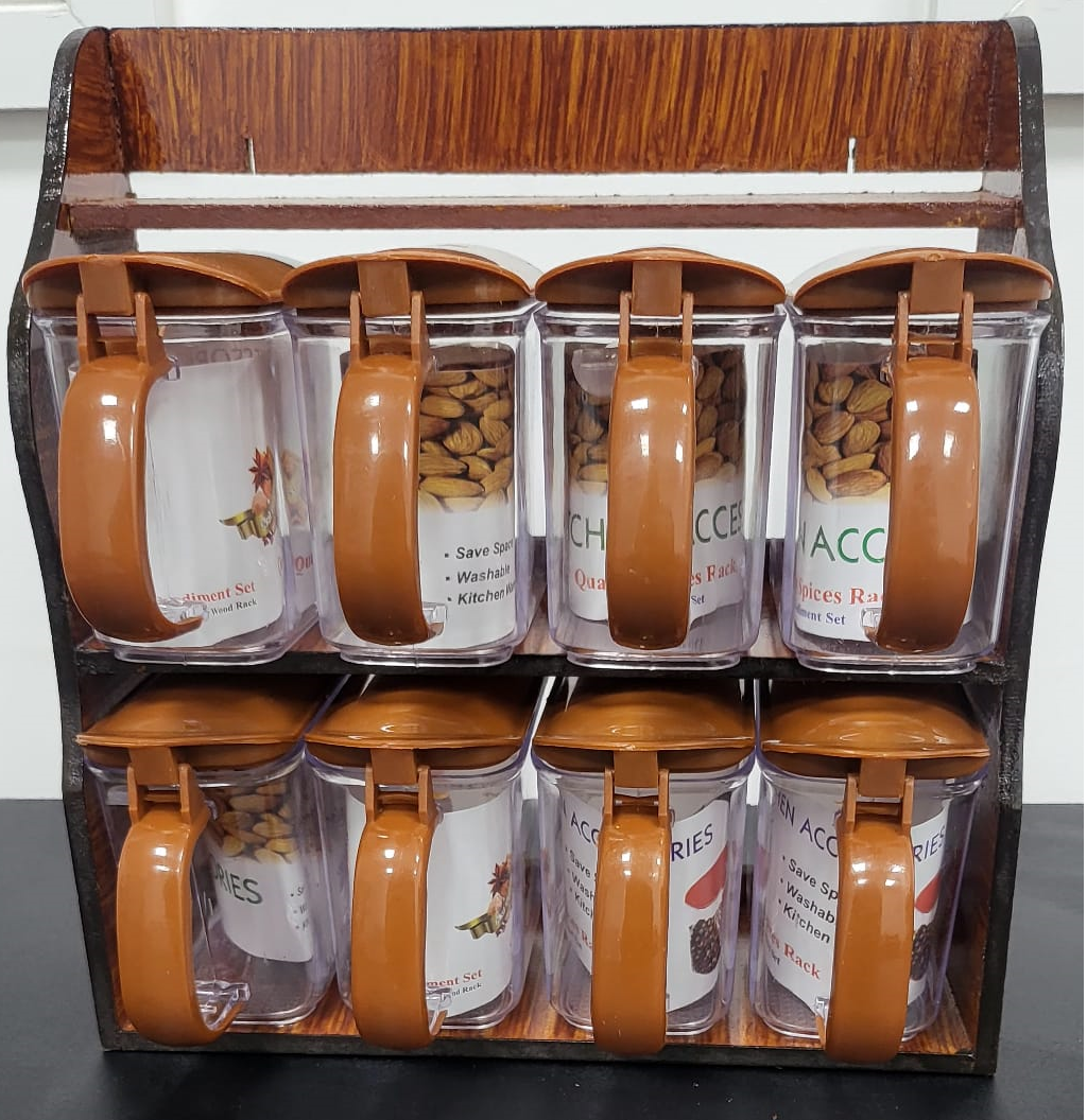Wood Spice Rack with 8 Crystal Plastic Jars and spoons